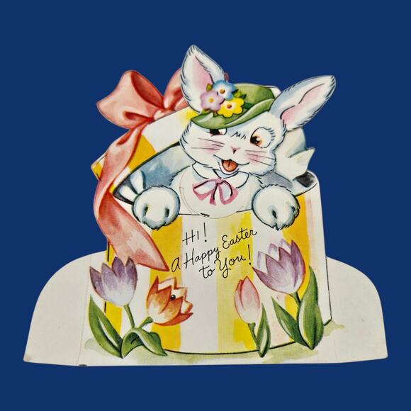 Mechanical Easter A-Meri-Card Vintage Die-Cut Bunny Rabbit in Hat Box Head Moves - Picture 3 of 11